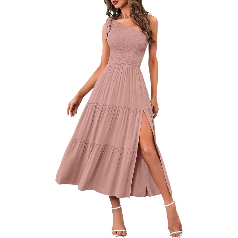 MEROKEETY Medium Pink Summer One Shoulder Sleeveless Knot Smocked Midi Dress - Picture 2 of 8